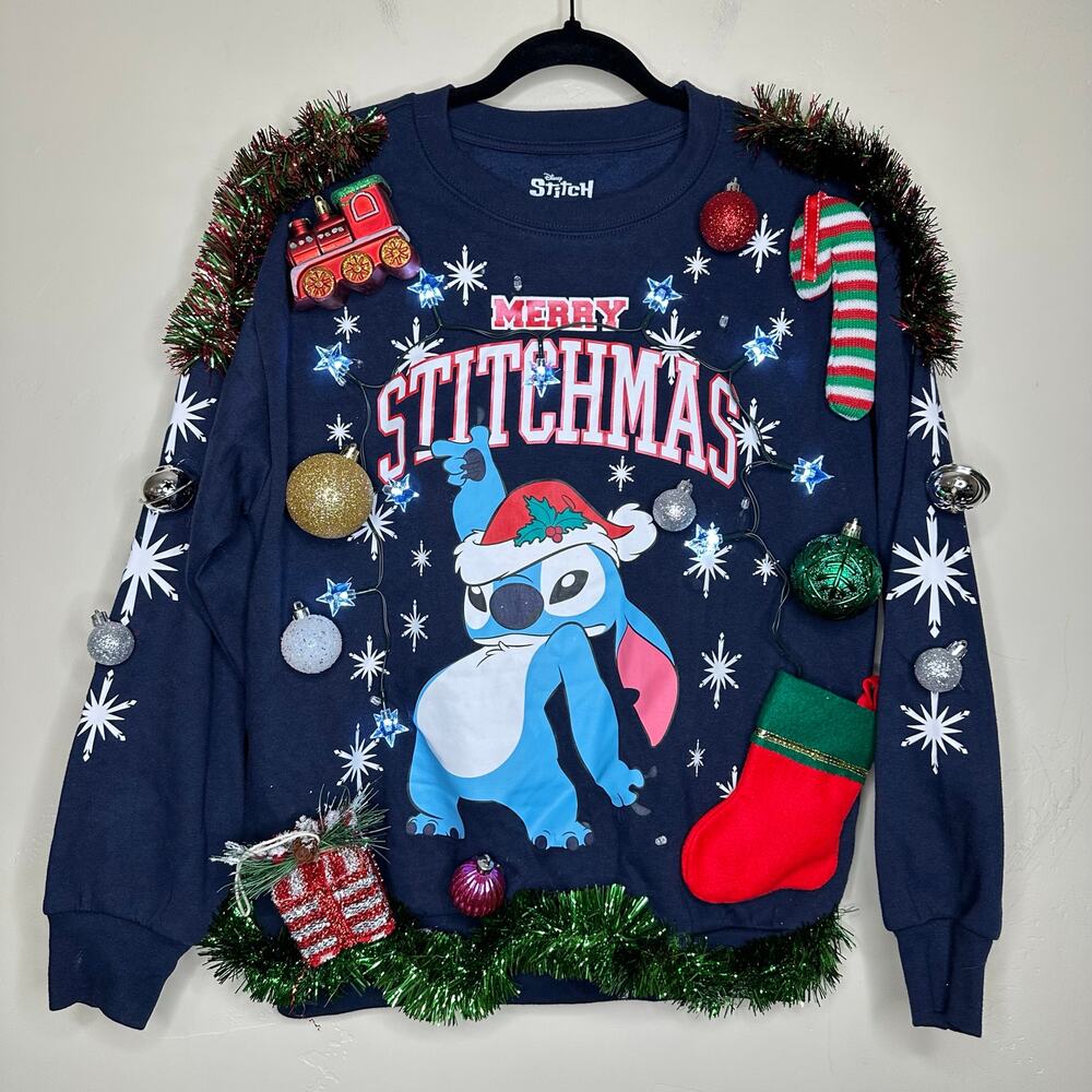 Ugly Christmas Sweater Disney Stitch LIGHTS UP Tinsel Xmas Party Winner Sz Small